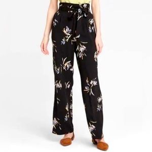 A New Day Paper Bag Waist Wide Leg Floral Print Pant Womens Sz L - Black